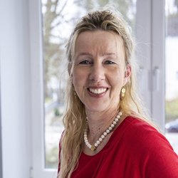 lächelnde blonde Frau im roten Oberteil